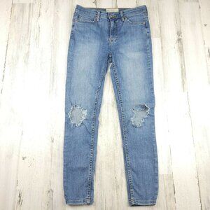 Free People Distressed Slim Straight 100% Cotton Denim Blue Jeans Size 27 EUC
